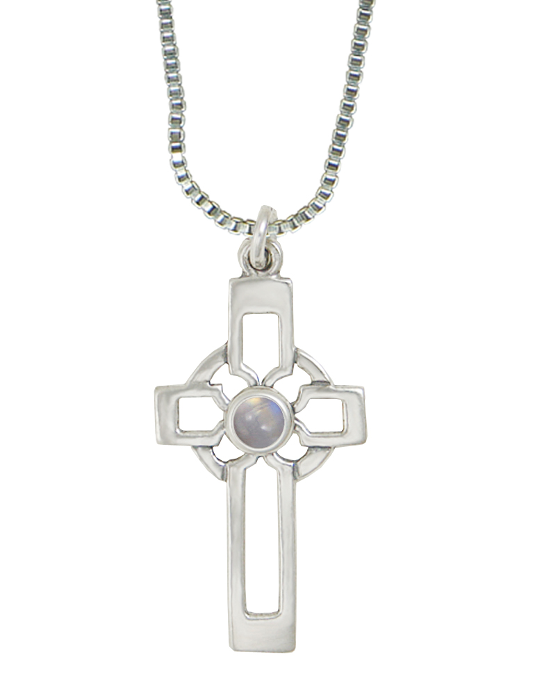 Sterling Silver Celtic Cross Pendant With Rainbow Moonstone